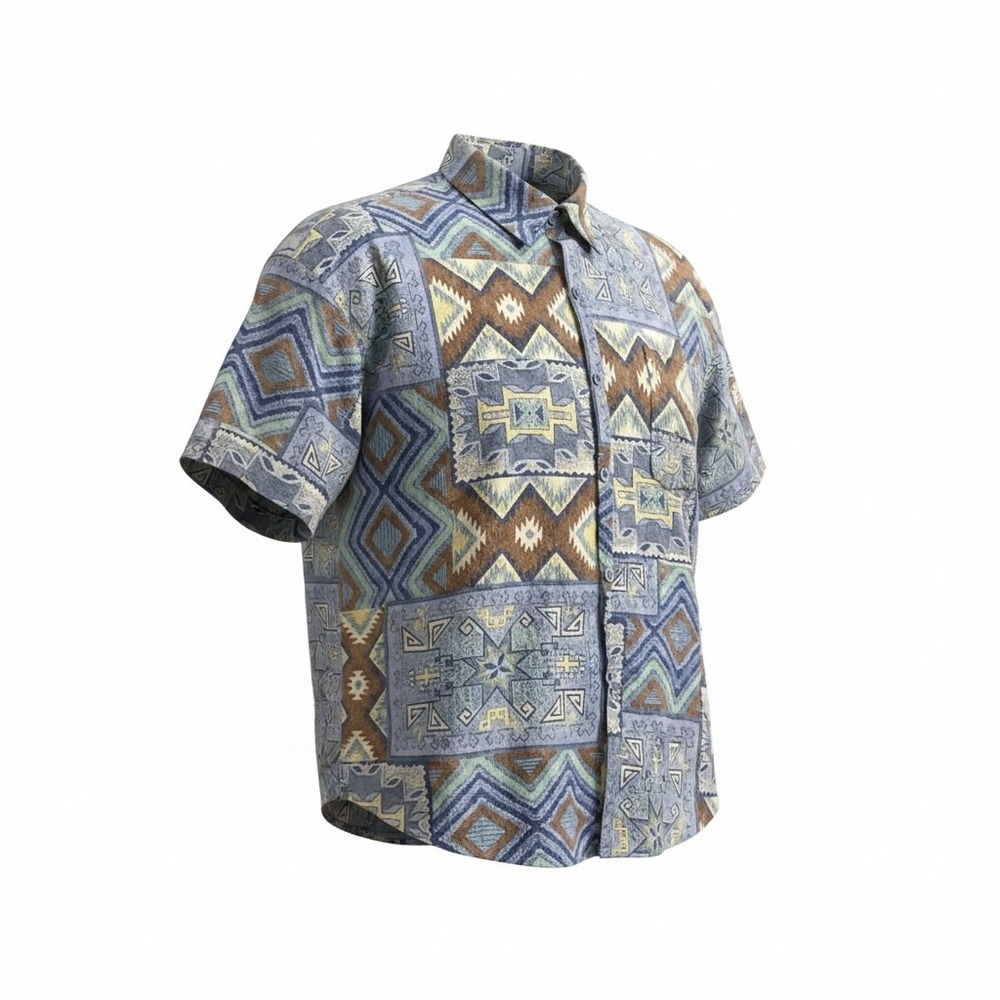 Vintage Act III Southwestern Geometric Button Up Shirt Blue Brown Large USA Made